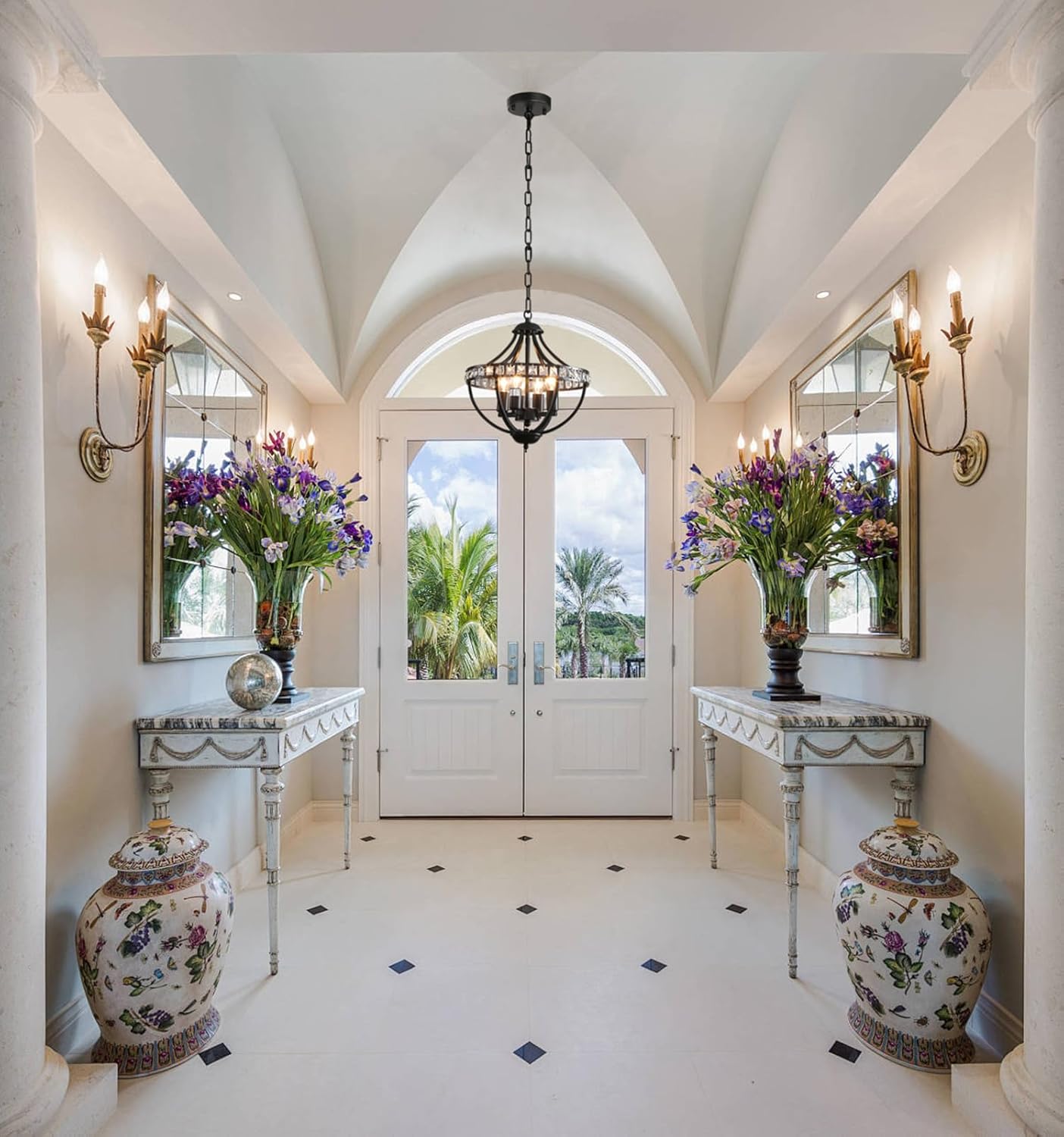 Farmhouse Crystal Ceiling Hanging Chandelier,16inch Black Rustic Vintage Pendant Light Fixture for Living Room Bedroom Dining Room Dining Foyer Kitchen Entry （5-Light）