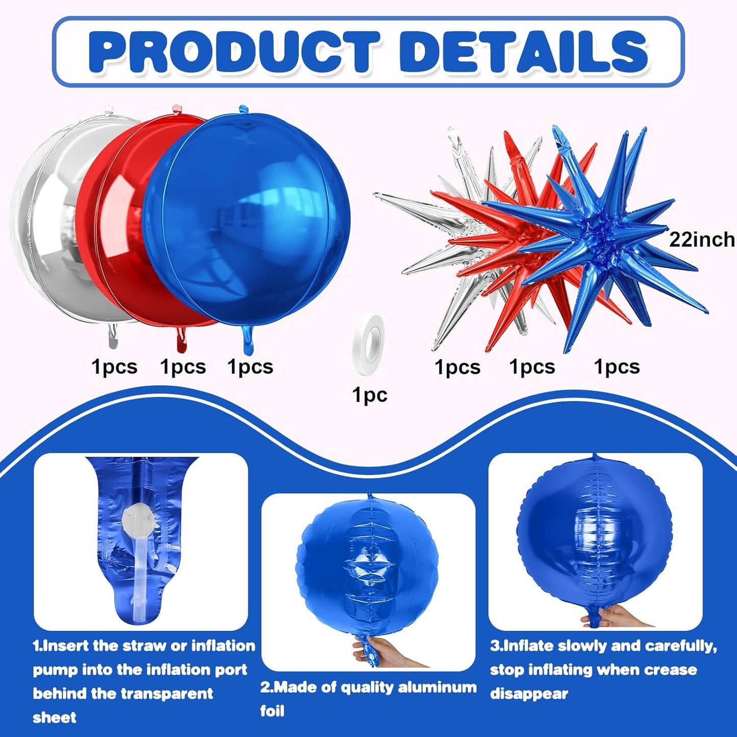 6Pcs Red Blue Silver Foil Balloons,22Inch Blue Red Silver 4D Round Ball Balloon and Explosion Star Balloon for Birthday Wedding Baby Shower Anniversary 4th of July Party Decorations