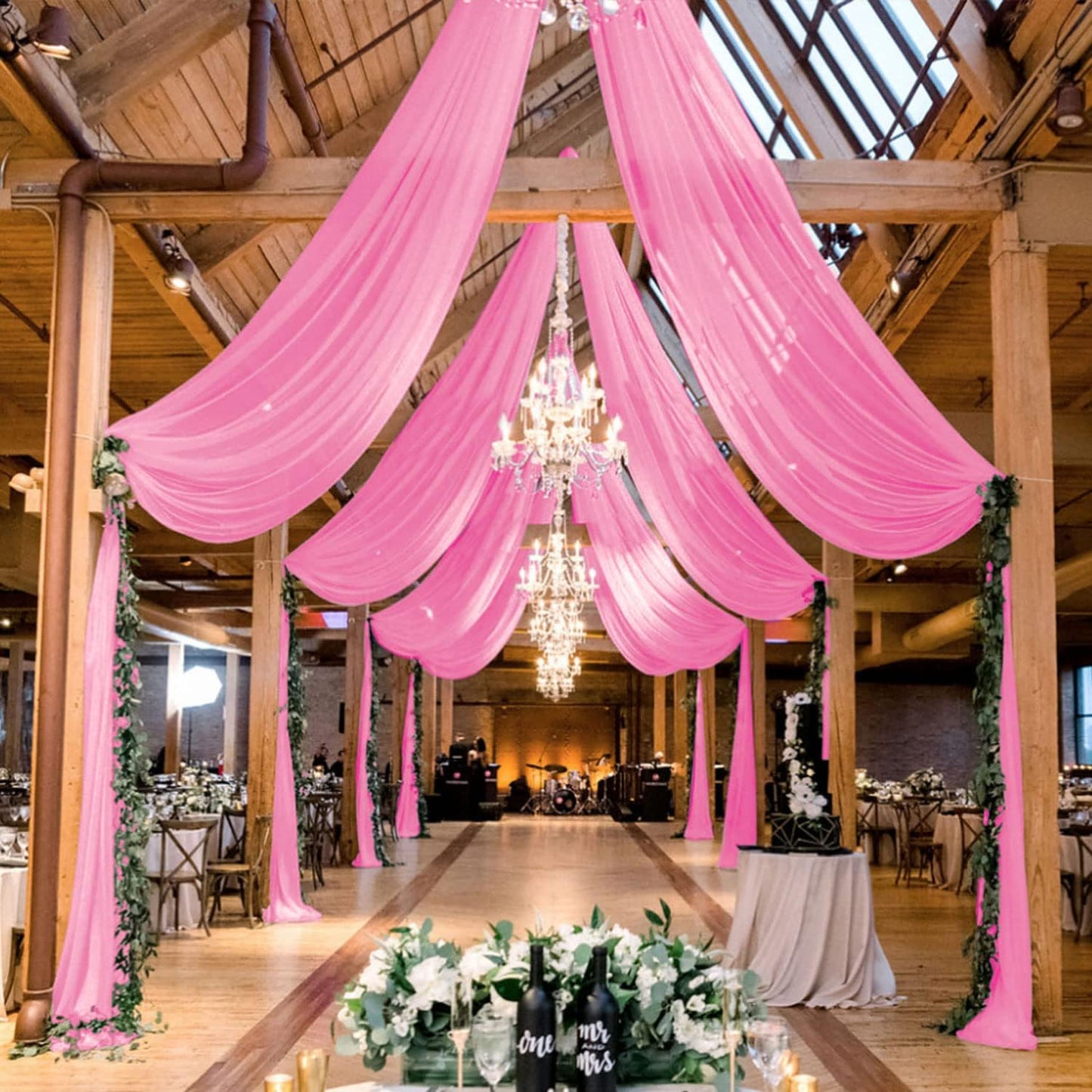 MODFUNS Pink Wedding Drapes 5x30ft 2 Panels Wedding Arch Draping Fabric Chiffon Semi Sheer Drapery Curtain Ceiling Covering Fabric for Party Banquet Decorations