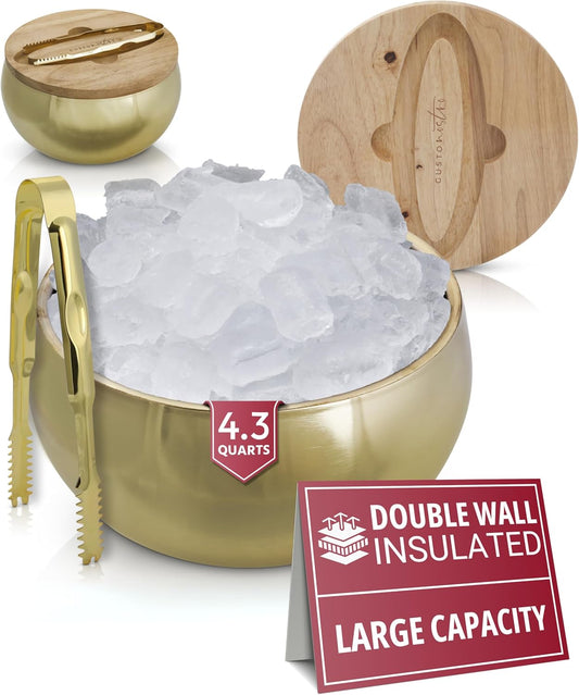 Gusto Nostro 4.1L Insulated Ice Bucket with Lid and Tongs, Double Wall Stainless Steel Ice Bucket Large, BPA Free Ice Bucket for Cocktail Bar, Keeps Champagne, Wine, Beer Chill for Parties (Gold)