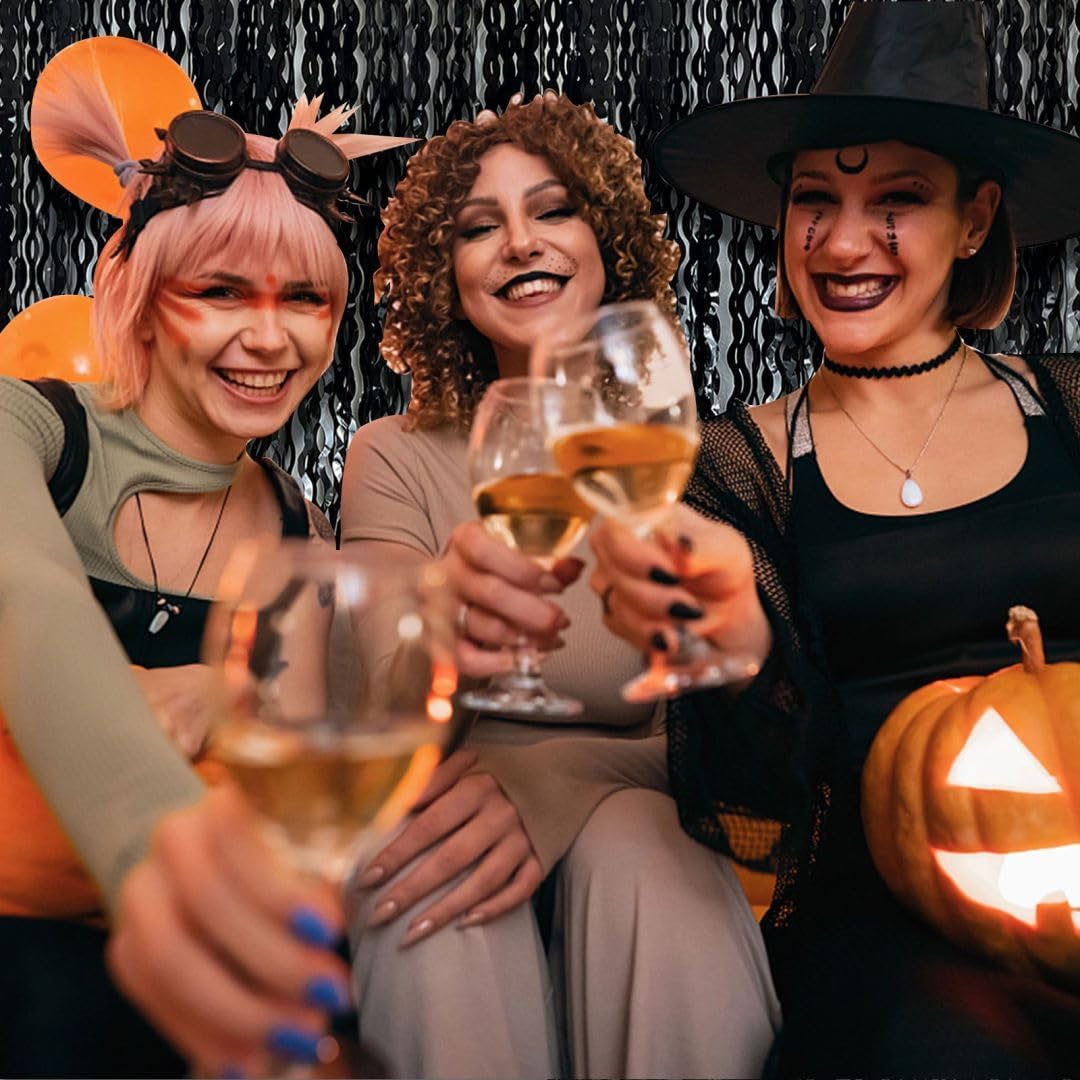 Black Fringe Curtain Party Streamers 5Pcs Foil Fringe Backdrop Curtains Wave Tinsel Streamers Black Party Decorations Door Streamers for Birthday Wedding Bridal Shower Halloween Decor