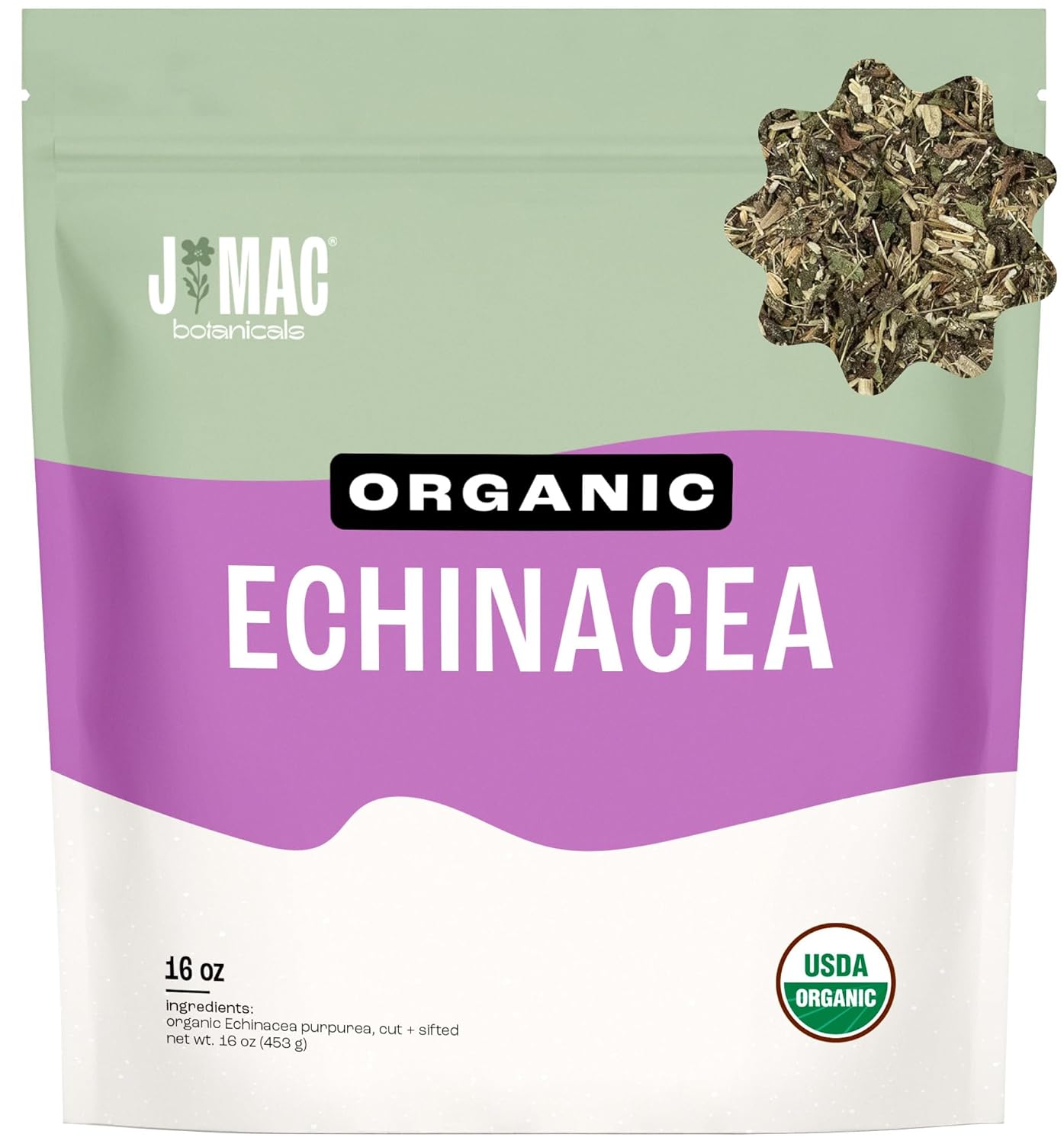 J Mac Botanicals, Organic Echinacea Herb & Sifted, Echinacea Purpurea, Organic Purple Cornflower tea