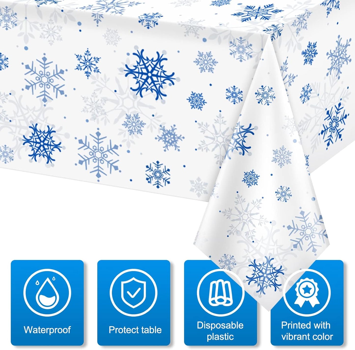 12 Pieces Snowflake Christmas Party Tablecloth Decorations,Plastic White Snowflake White Blue Xmas Backdrop Sign Table Cover Banner for Winter Christmas Holiday Party Supplies,54x108 inch（White/Blue）