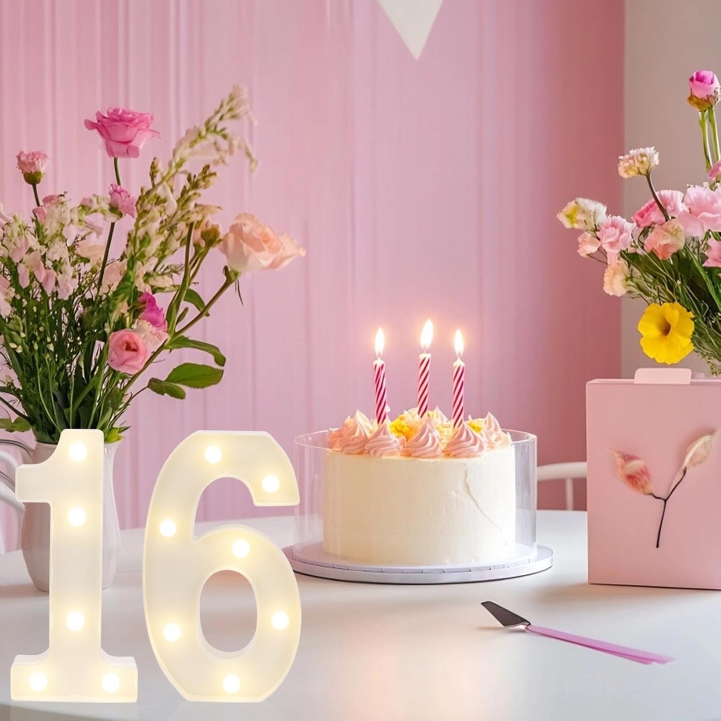 LED Marquee Letter Lights, Decorative Light Up Numbers for 16th Birthday Party, Battery Operated, Warm White Small Marquee 16 Sign for Anniversary Decorations