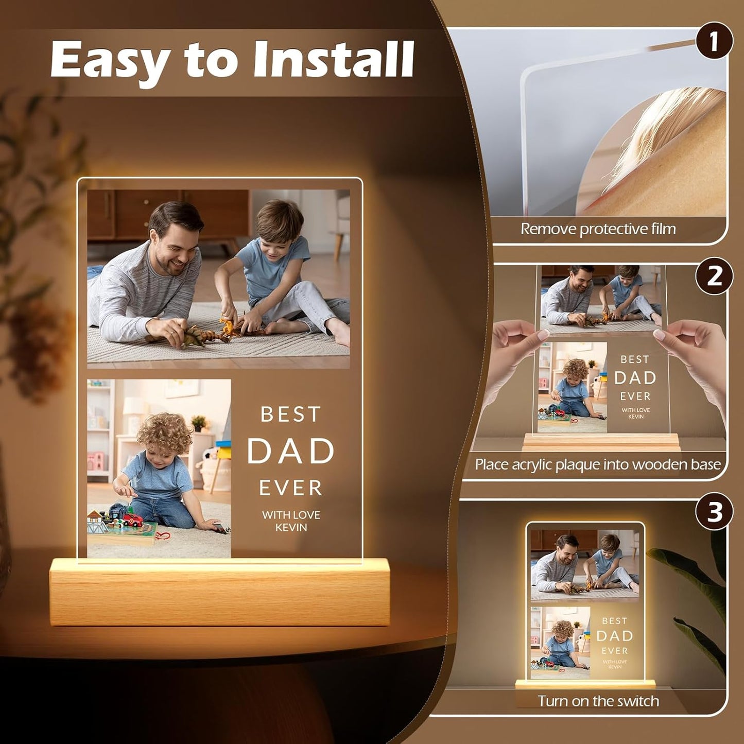 Custom Picture Frames with Photo, Personalized Photo Frame with Night Light, Customized Picture Frames, Custom Photo Gifts, Personalized Birthday Gifts for Dad, Baby, Kids, Family