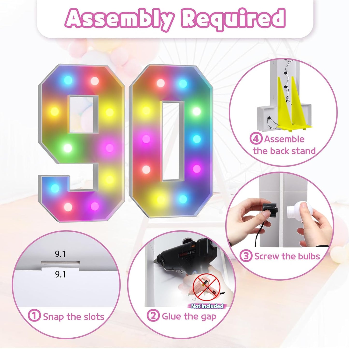 Marquee Numbers 90th-Birthday Decoration: Colorful 4FT Large Light Up 90 Year Old Birthday Decorations Anniversary Backdrop for Boys Girls Cardboard Sign 18 Colors Number 90 Mosaic Balloon Frame