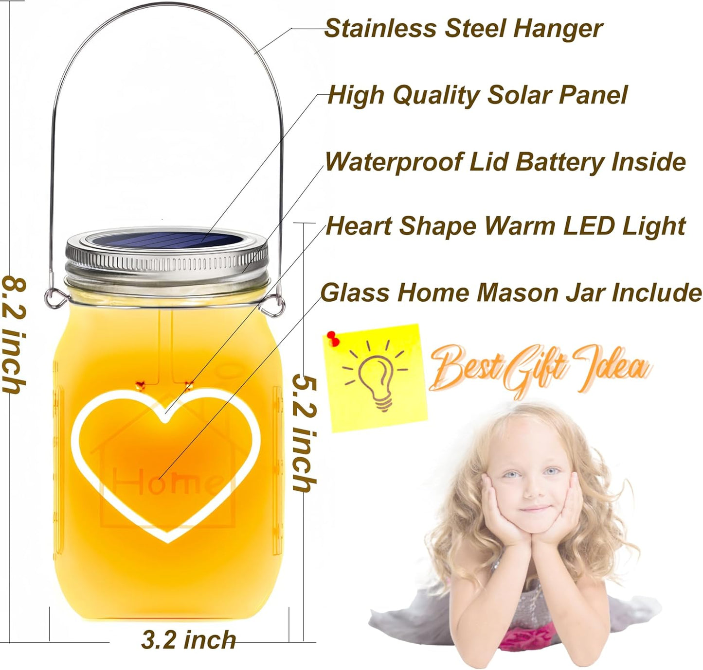 Hanging Solar Mason Jar Lights, 2 Pack Warm Heart Shape Led Lights, Solar Powered Lanterns Outdoor Waterproof, Hangers and Jars Included, Gift for Lover, Home Party Wedding Garden Patio Decor (2)