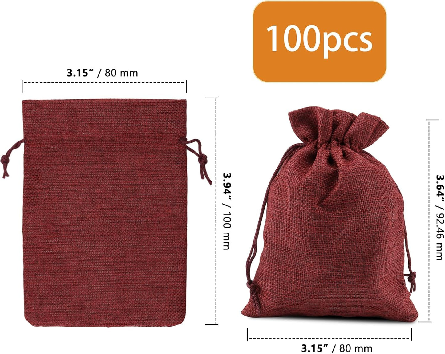 ZOENHOU 100 Packs 3 x 4 Inch Large Burlap Bags Bulk with Drawstring, Durable Wine Red Jute Drawstring Bags, Dustproof Burlap Sacks for Favors Party DIY Craft
