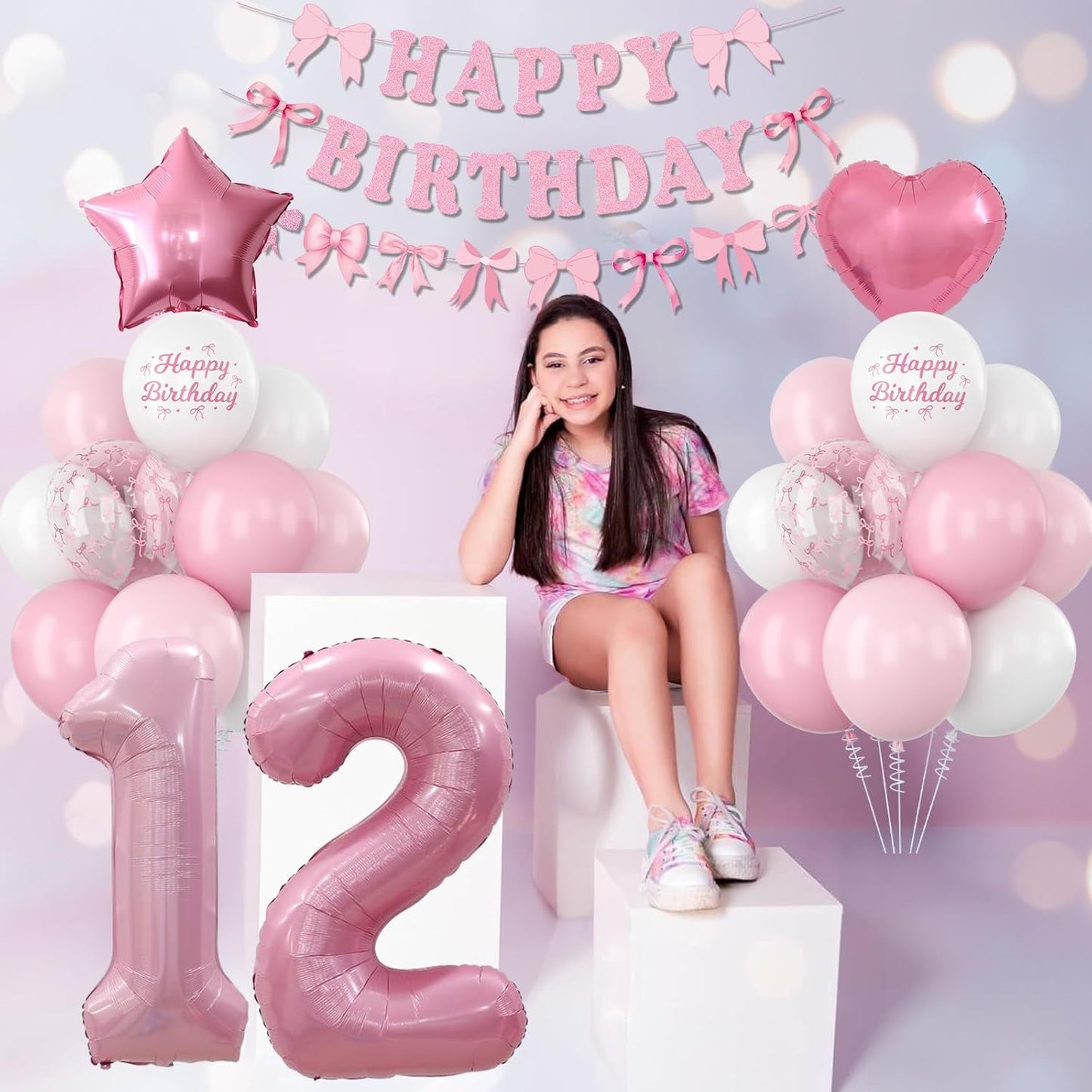 12th Birthday Decorations for Girls Pink Number 12 Balloon Bow Coquette Happy Birthday Banner Fringe Curtain Paper Pom Poms Star Heart Foil Pink White Balloons 21 Year Old Party Decor