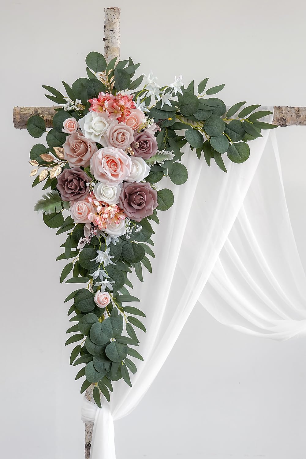 Dusty Rose Artificial Wedding Arch Flowers Kit (Pack of 3) with 26Ft White Shiny Arch Draping Fabric for DIY Wedding Party Ceremony Reception Backdrop Floral Decoration