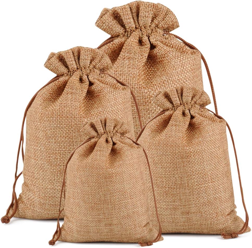 Lucky Monet 25/50/100PCS Burlap Gift Bags Wedding Hessian Jute Bags Linen Jewelry Pouches with Drawstring for Birthday, Party, Wedding Favors, Present, Art and DIY Craft (100Pcs, Coffee, 4” x 6”)