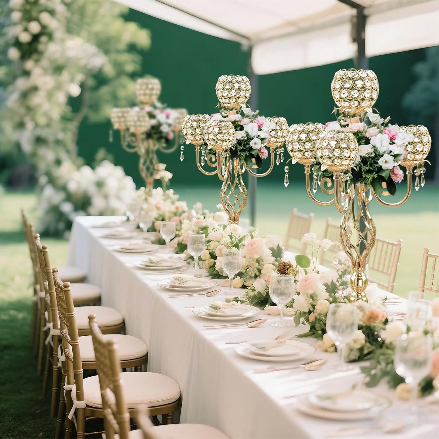 5-Arm Crystal Candelabra Centerpiece 23.2" Tall - Elegant Candle Holder Stand with Crystal Bowl, Chic Table Decor for Weddings, Parties, Anniversary & Home Decoration (2, Gold)