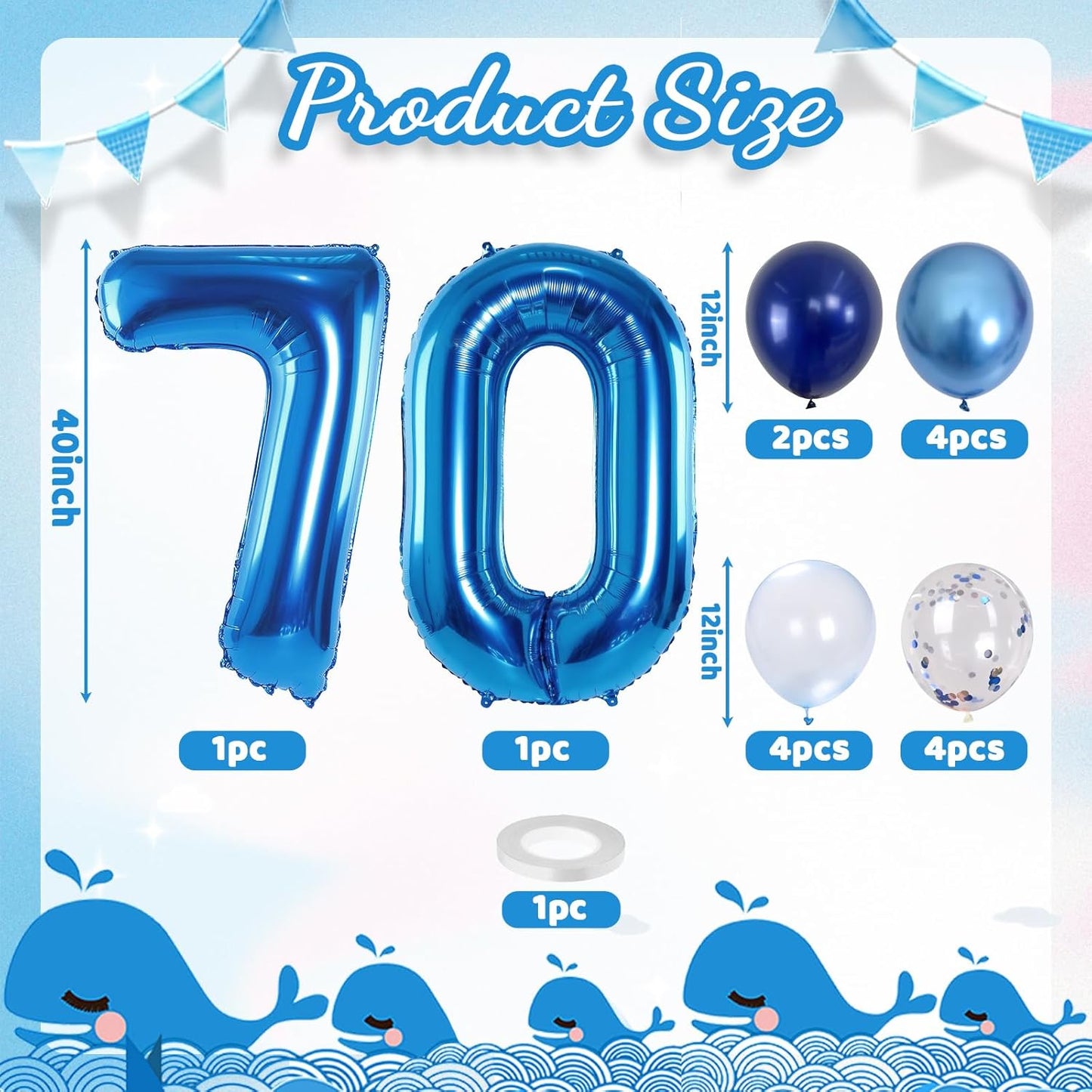 Giant Number Foil Balloon 70, Dark Blue Self Inflating 70th Birthday Balloon for Men, 40'' 70 Balloon Light Navy Blue with Metallic Silver Confetti Balloon for Anniversary Party Decorations Supplies