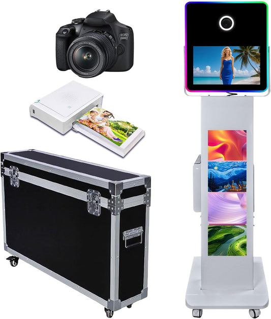 Portable Photo Booth with 15.6''and 29''LCD Touch Screen Selfie Photobooth Machine for Events Wedding Party Rental Christmas Flight Case (Machine+Camera+Mini Printer)