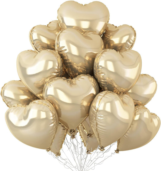 Champagne Gold Heart Balloons,12Pcs 18 Inch Light Gold Foil Love Heart Shaped Balloons for Pastel Yellow Birthday Party Wedding Engagement Anniversary Baby Shower Valentines Day Decorations