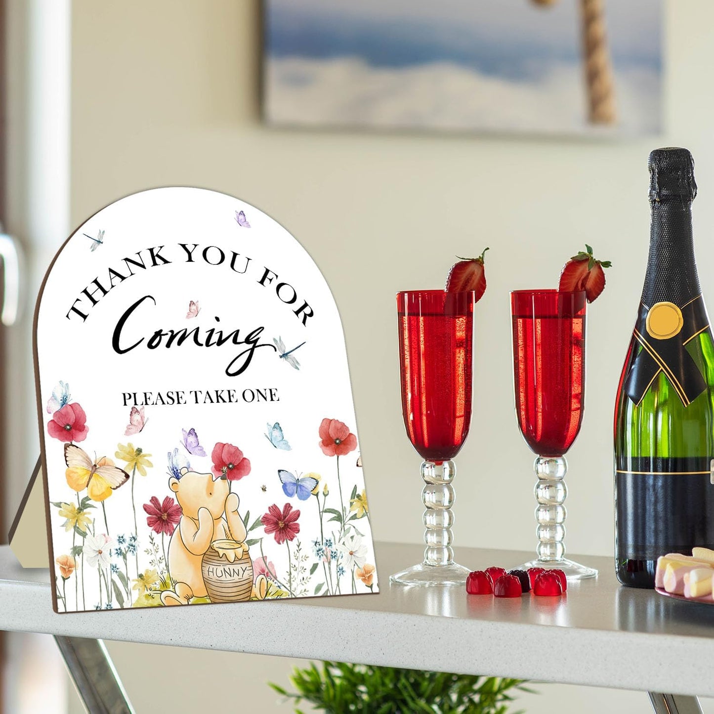 Winnie Bridal Shower Sign, Classic Pooh Thank You Wooden Sign for Women Men, Floral Butterfly Decor Wedding Shower Favors Sign, Bridal Shower Gifts for Guests, Thank You for Coming Please Take One Sign 9*11IN