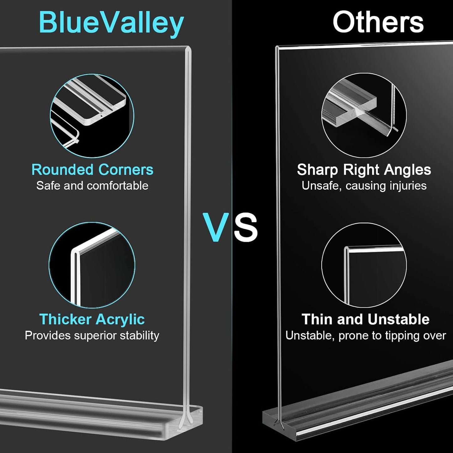 BlueValley Acrylic Sign Holder 8.5x11 Vertical - 12 Pack Double Sided Clear Plastic Table top Paper Display Stand for Menu, Flyer, Document, Poster - Standing Sign Holder for Office, Retail, Catering, Show Fair