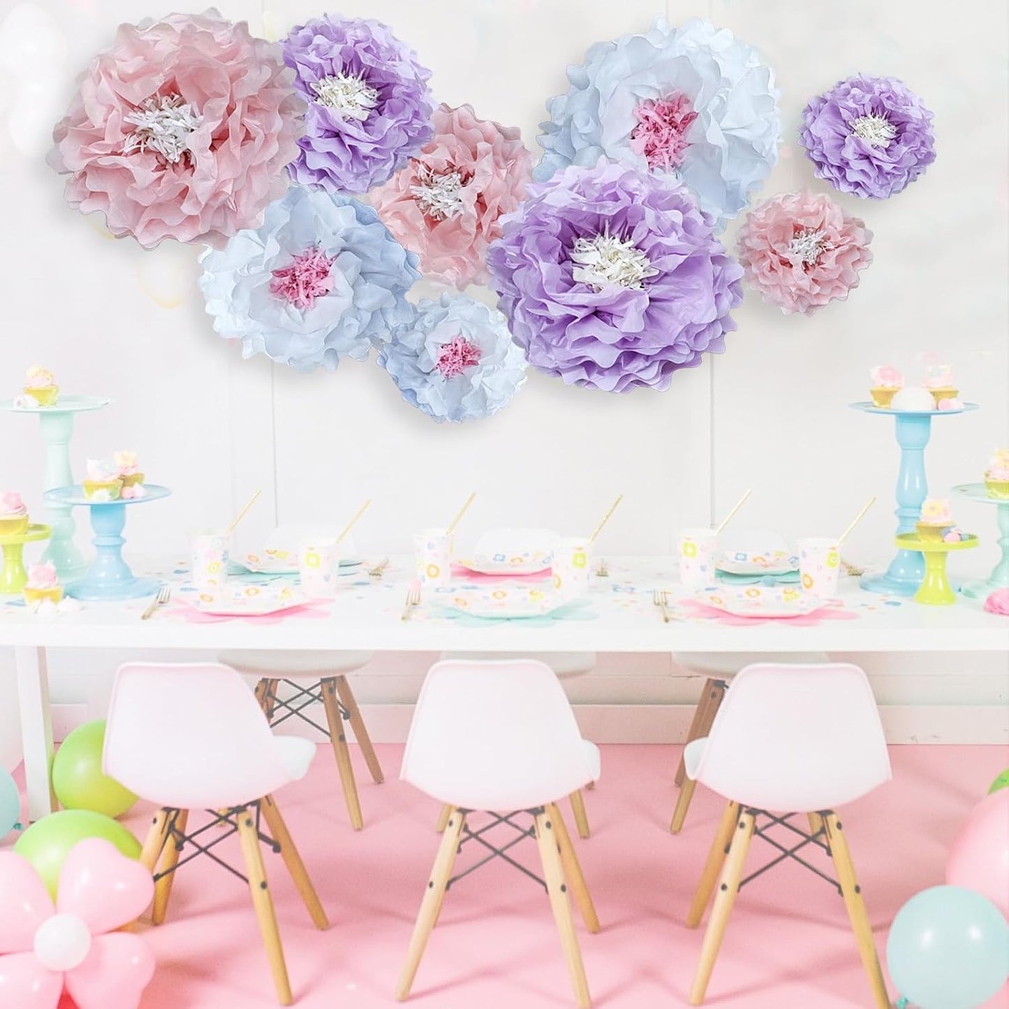 Dreamy Paper Flower Pom Poms Wall Decorations for Weddings, Birthdays, Bridal, Baby Showers, Outdoor Decor, Tea Parties, Engagement
