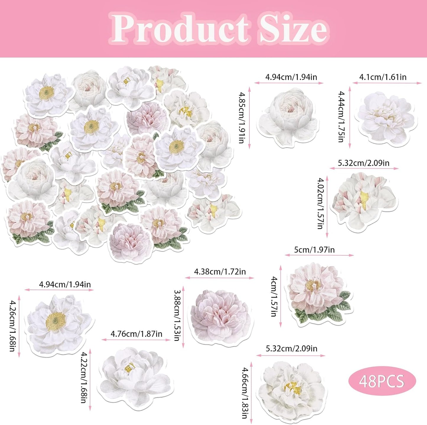 48PCS Edible Rose Flowers Cupcake Toppers Edible White Rose Flowers Cupcake Decor Wafer Paper Wedding Flowers Cupcake Picks for Flowers Theme Engagement Birthday Party Decor Supplies