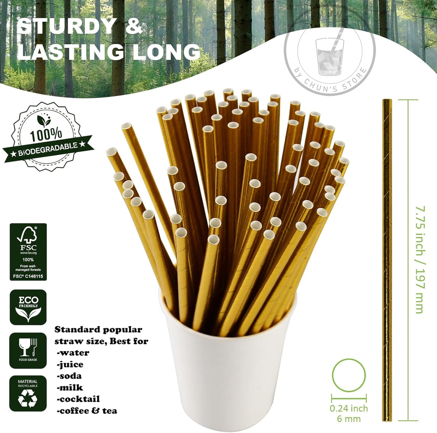 Gold Paper Straws Bulk 1000 Counts, 7.75" x0.24" - for Party, Wedding, Drinks and Cocktail