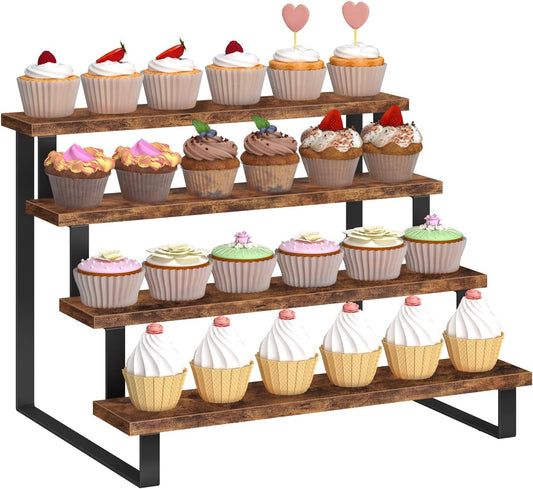 ELITEROO Cupcake Display Stand, 4 Tier Wooden Dessert Stand, Cookie Treat Stands for Dessert Table Set, Food Display Risers for Party Wedding Decor Birthday Graduation, Rustic Brown Straight