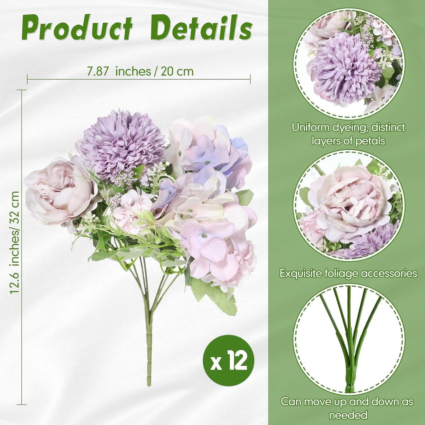 Tigeen Artificial Flowers Artificial Peonies Silk Flowers Faux Peony Fake Peony Silk Hydrangea Bouquet for Wedding Table Centerpiece Floral Vase Decor(Light Purple,12 Bundles)