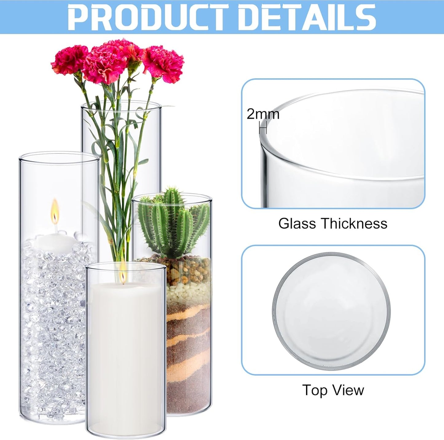 Sawysine 48 Pcs Glass Cylinder Vases 2.5''/2.95''/3.9'' Diameter Clear Flowers Vase Hurricane Floating Candles Holders for Table Centerpieces (2.95 x 6 in,2.95 x 8 in,2.95 x 10 in,2.95 x 12 in)