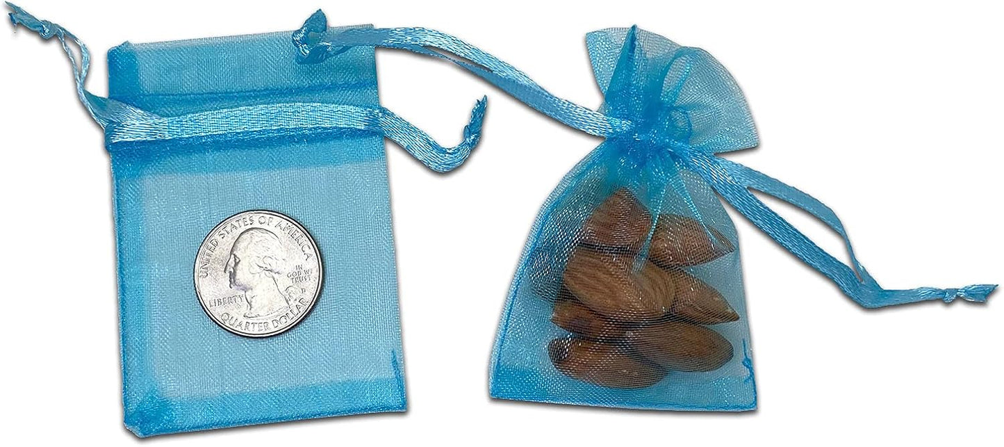 TheDisplayGuys 100-Pack XS 2" x 2 3/4" Turquoise Blue Sheer Organza Gift Bags with Drawstring, Jewelry Candy Treat Wedding Party Favors Mesh Pouch