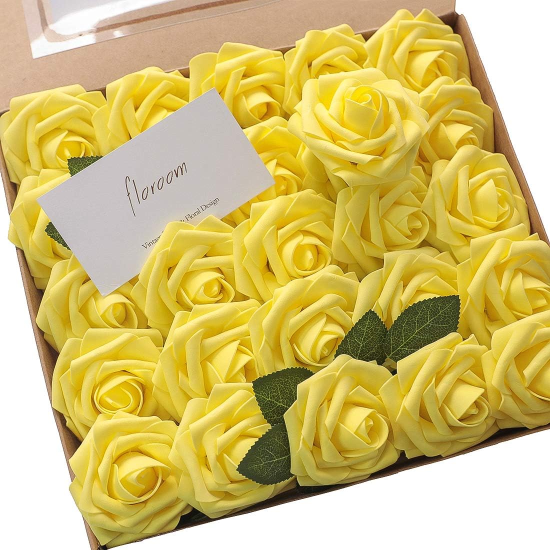 Floroom Artificial Flowers 25pcs Real Looking Canary Yellow Foam Fake Roses with Stems for DIY Wedding Bouquets Baby Shower Centerpieces Floral Arrangements Party Tables Home Decorations