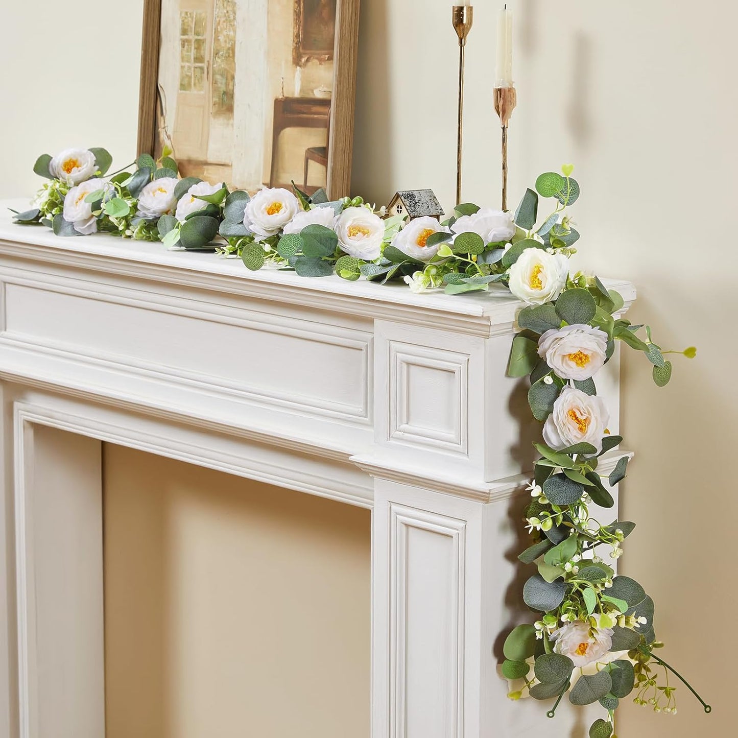 2 Pack 12Ft Artificial Eucalyptus Flower Garland with White Roses, Fake Flowers Greenery Garland Flower Vines for Wedding Party Mantle Table Runner Spring Summer Home Decor (2PCS,White