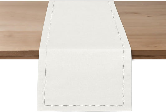Ruvanti Linen Table Runner 60 Inches, Classic Hemstitch, Washable, Reusable, Non-Slipping, Stain Resistant- Perfect for Parties, Weddings, Dinners, Thanksgiving, Christmas, Indoor use – Ivory