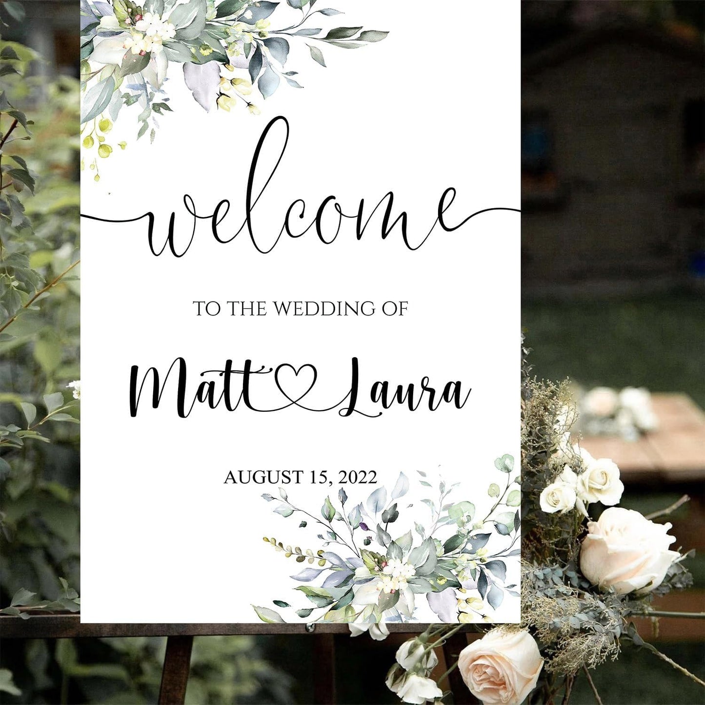 Generic Eucalyptus Wedding Welcome Sign, Editable Plastic Wedding Sign, 12x18, 18x27, 24x36 Inch, 4mm Thick, Weatherproof & Fade-Resistant, Customizable with Names, Date, Message