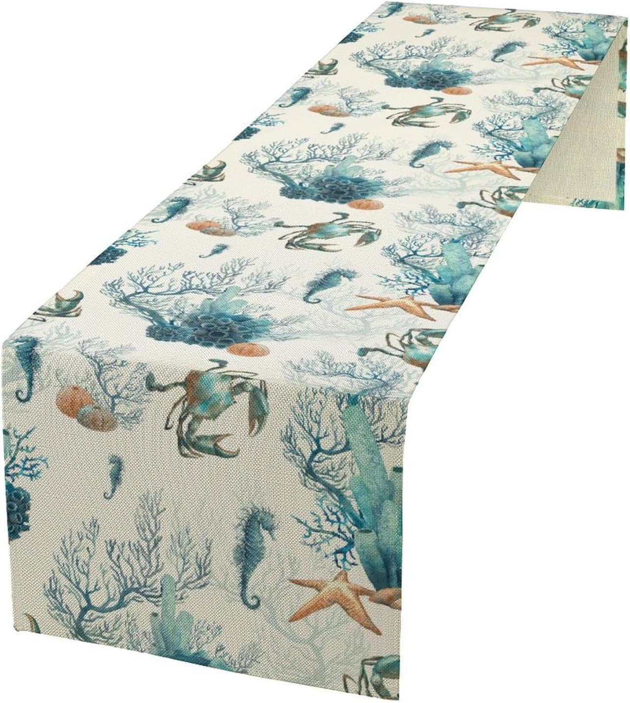 Nautical Coast Table Flag, Ocean Beach Seahorse Shell, Vintage Sailboat Lighthouse Anchor Table Decoration for Indoor and Outdoor Home Party Decor 13x60 Inch