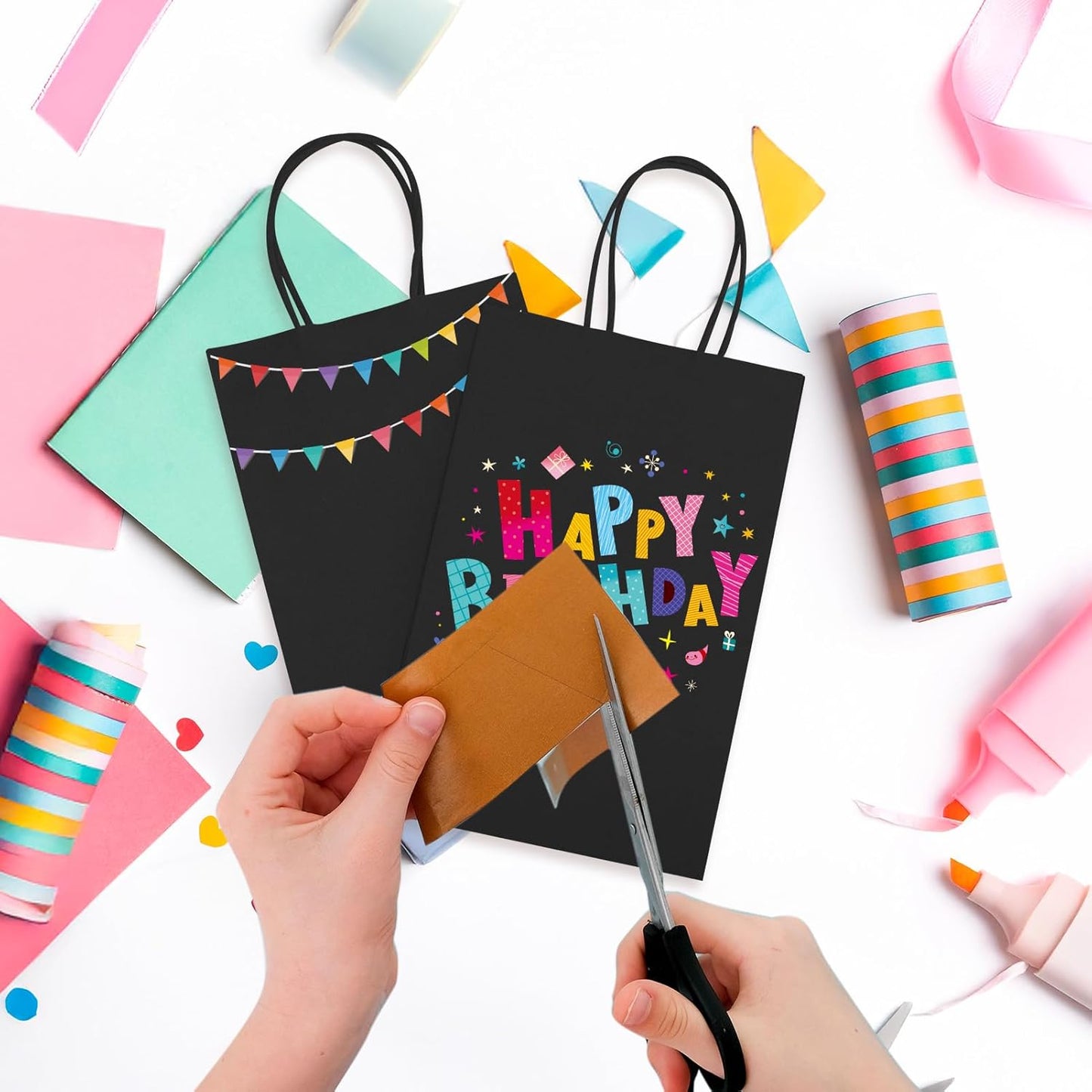 MESHA Kraft Gift Bags 200 Pack 5.25x3.75x8 Inch Small Black Paper Bags with Handles Bulk for Small Business,Birthday,Party,Wedding,Retial,Shopping Bag