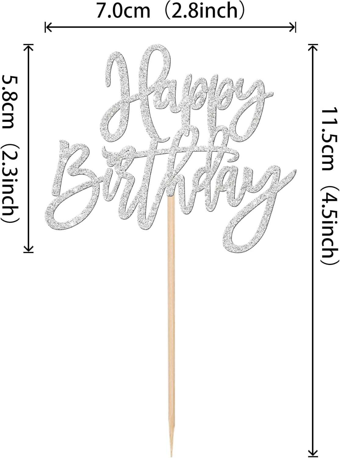 24 PCS Glitter Cupcake Toppers - Silver Happy Birthday & Anniversary Picks