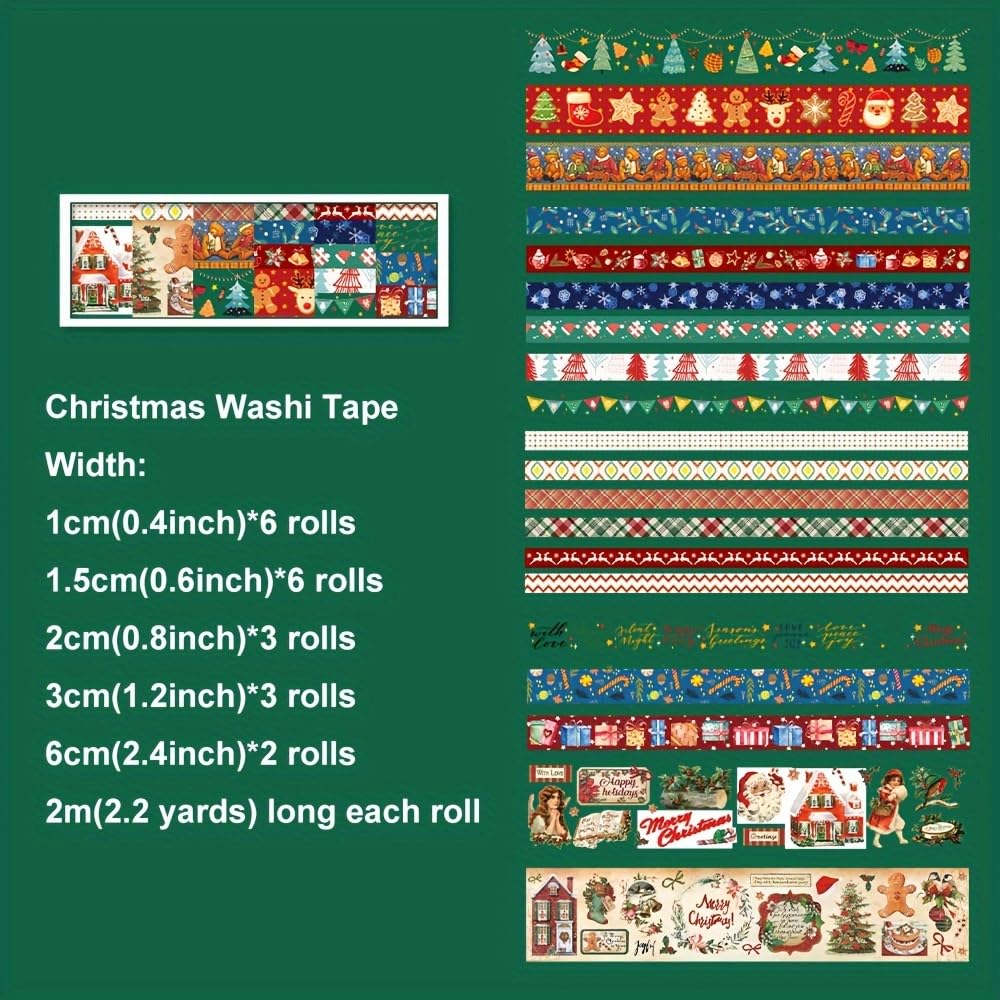 20 Rolls Christmas Theme Washi Tape Set, Writable Decorative Tapes for Scrapbooking, Bible Journaling, Bullet Journaling, 0.6"x79" per Roll