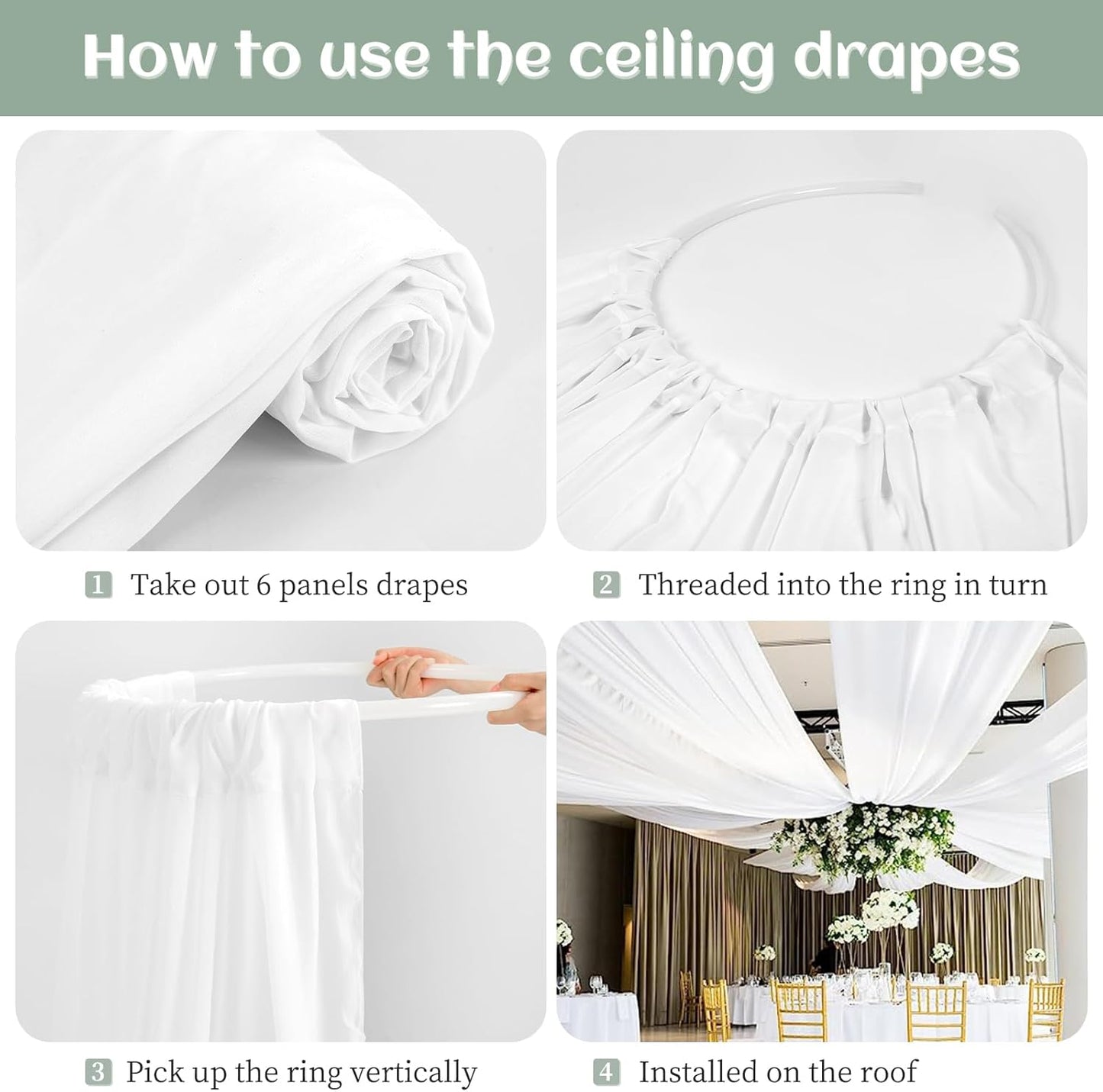 4 Panels White Ceiling Drapes 5ftx20ft Wedding Ceiling Drapes Chiffon Fabric Arch Draping Sheer Curtains Soft Drapery Draping Wedding Ceiling Decorations for Party Ceremony Stage Swag