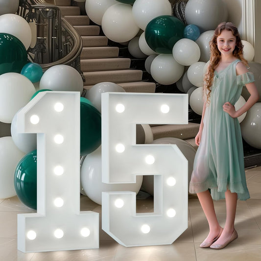 Marquee Numbers 3 Feet Tall Big Light Up Numbers 15th Happy Birthday Decorations Girl Boy White Anniversary Party Decor Large Cardboard Prop Backdrop Sign 15
