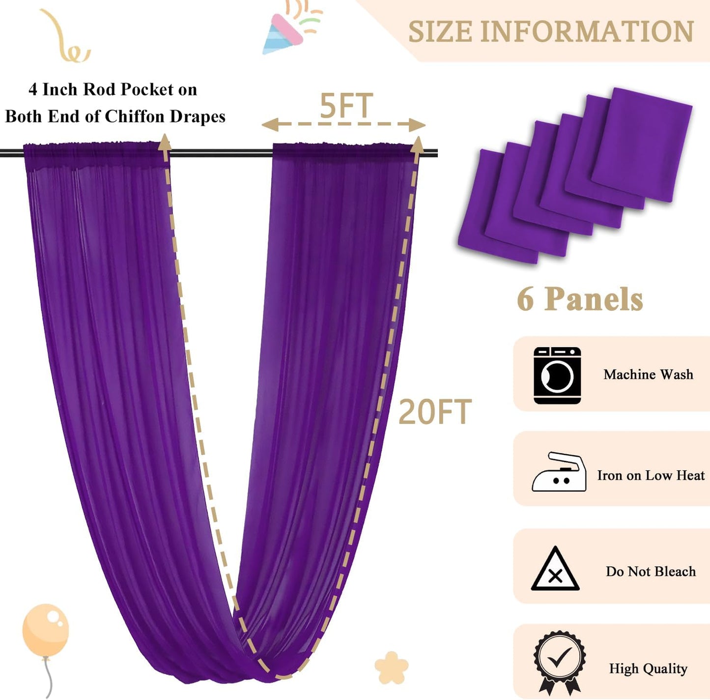 MODFUNS Ceiling Drapes for Parties Royal Purple Wedding Arch Draping Fabric 5x20ft 6 Panels Chiffon Fabric Drapes Ceiling Decor Sheer Curtains Bed Canopy for Bedroom Wedding Decor
