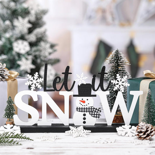 Winter Metal Sign Let It Snow Table Decor Christmas Tiered Tray Decor with Wooden Base Metal Black and White Snowman Snowflake for Xmas Home Tabletop Centerpiece Mantel Shelf Fireplace
