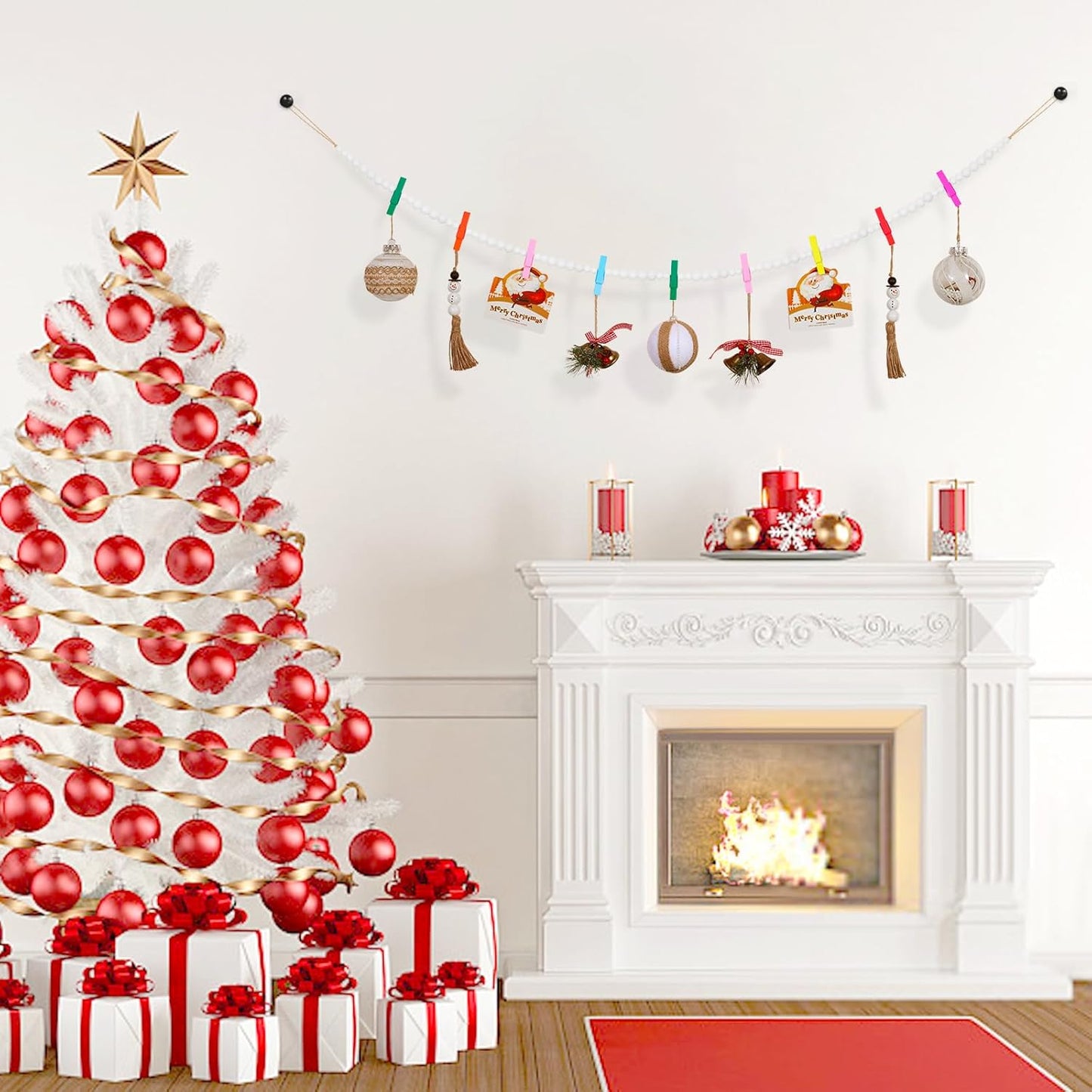 Hanging Photo Display Wall Decor, 2PCS Boho Wooden Bead Garland Collage Picture Frame with 9 Different Random Colors Wood Clips for Boho Bedroom, Living Room, Office, Dorm Decor