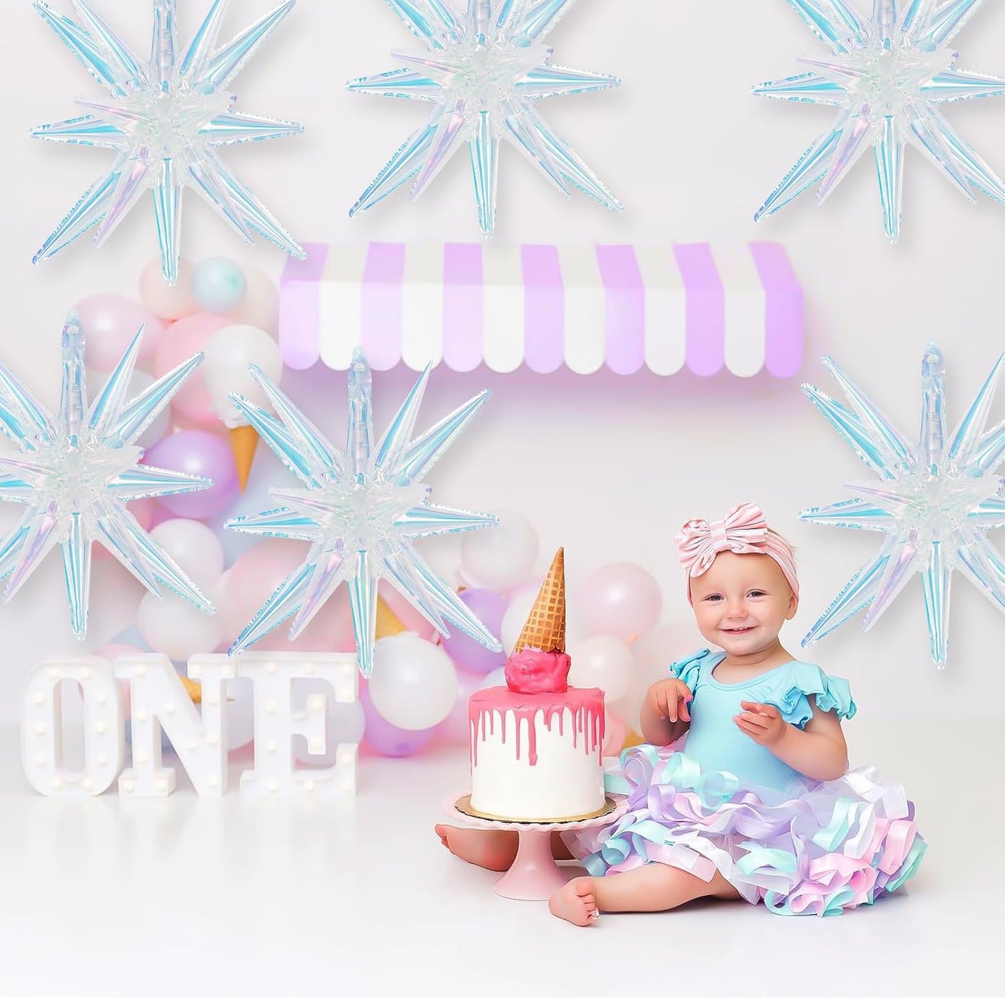 Iridescent Star Foil Balloons, 6Pcs 22in Explosion Star Balloon Large Holographic Spike Cone Clear Foil Balloon for Birthday Baby Shower Mermaid Rainbow Wedding Party Decorations