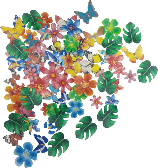 90pcs Edible Butterfly, Flowers and Turtle Back Leaves Cake Topper Cupcake Toppers Wedding Themed Party Birthday Cake Decoration Mixed Size & Colour(Tasteless)