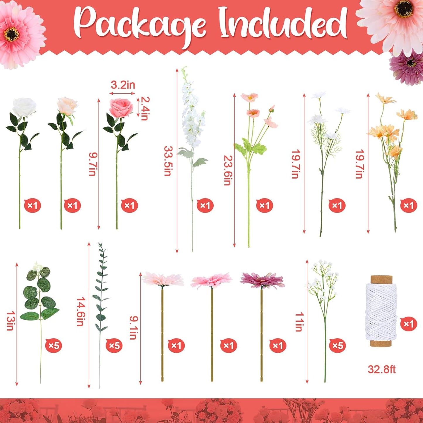Hoteam 26 Pcs DIY Flower Garland Artificial Hanging Wildflower Backdrop Set Fake Rose Eucalyptus Daisy Poppy Wild Flower Decor for Wedding Party Birthday Home Garden (White,Champagne,Pink)