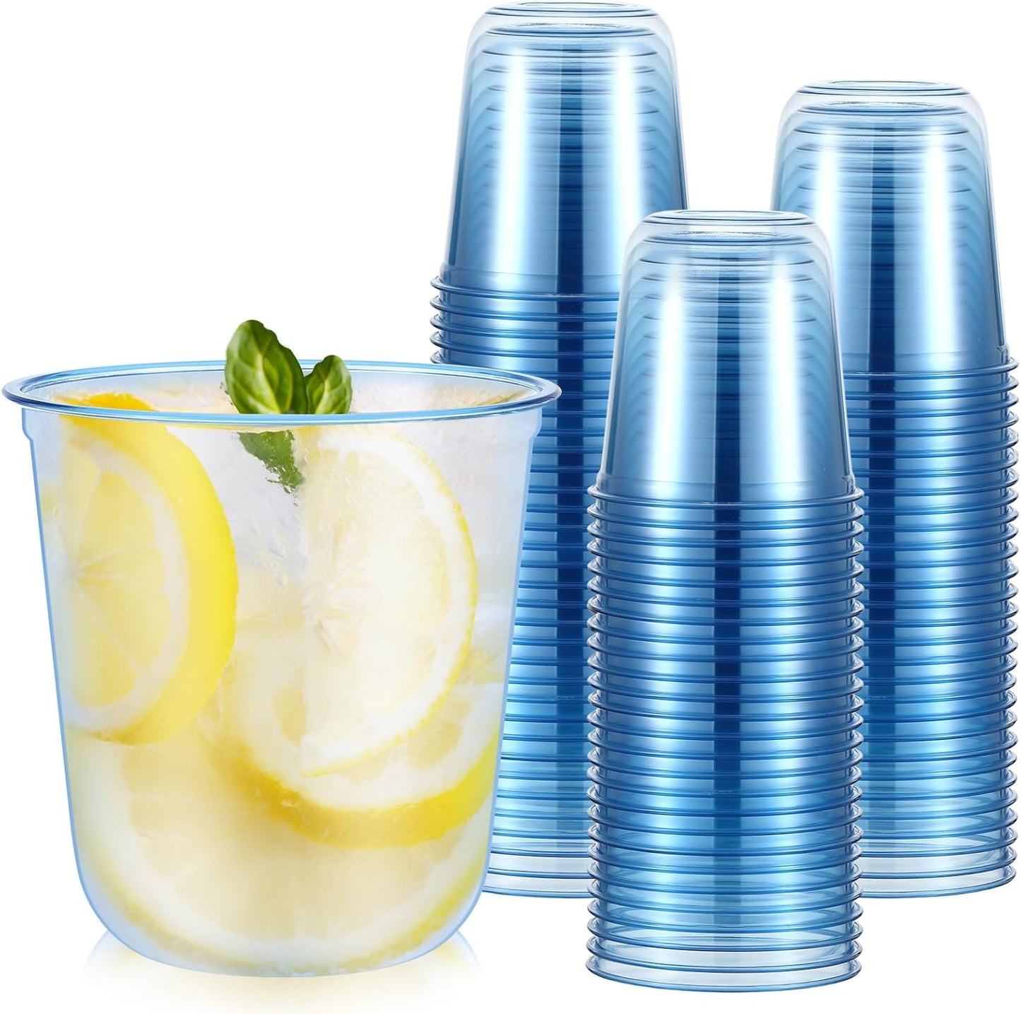 50 Pcs Disposable Stemless Glasses 12oz Crystal Plastic Wine Glasses Clear Classic Pet Cup for Meeting Weddings Birthdays Cocktail Christmas Party Supplies (Light Blue)