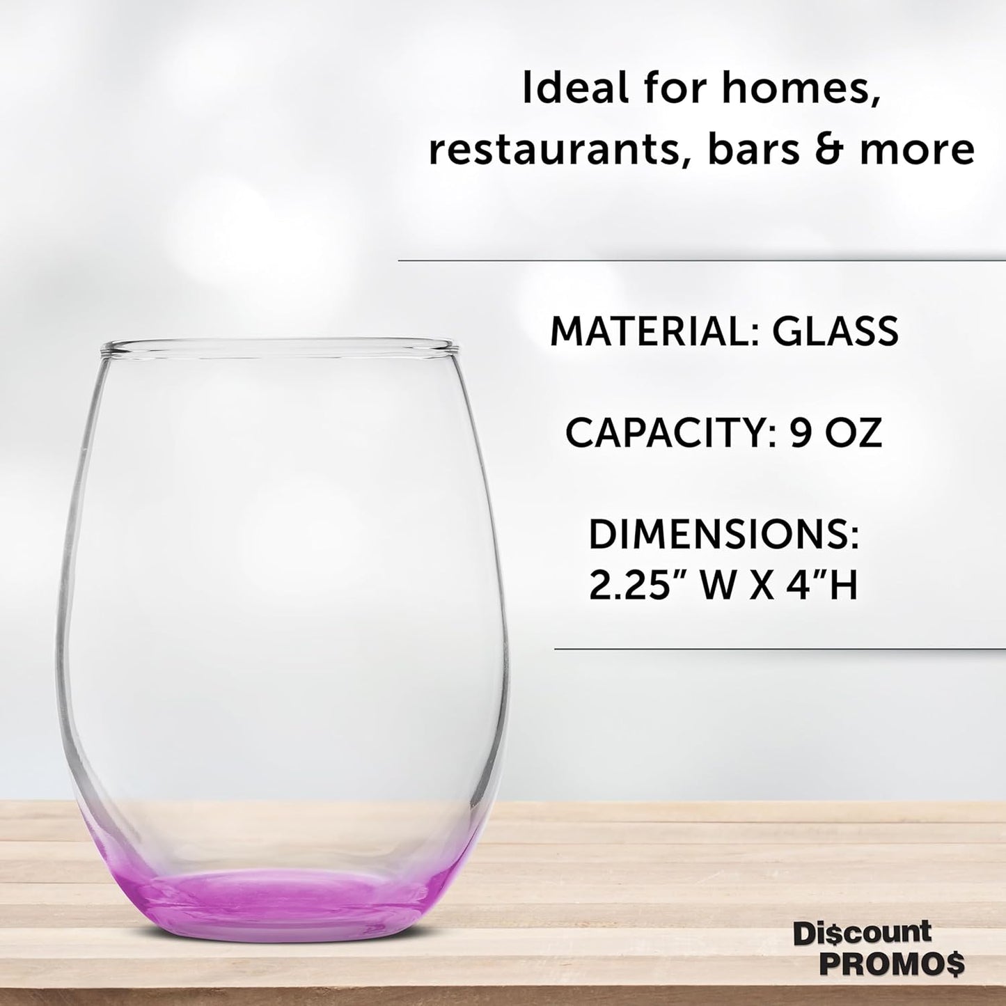 DISCOUNT PROMOS Stemless Wine Glass 9 oz. Set of 10, Bulk Pack - Great for Wedding Favors, Bachelorette Party and More - Pink Bottom Color