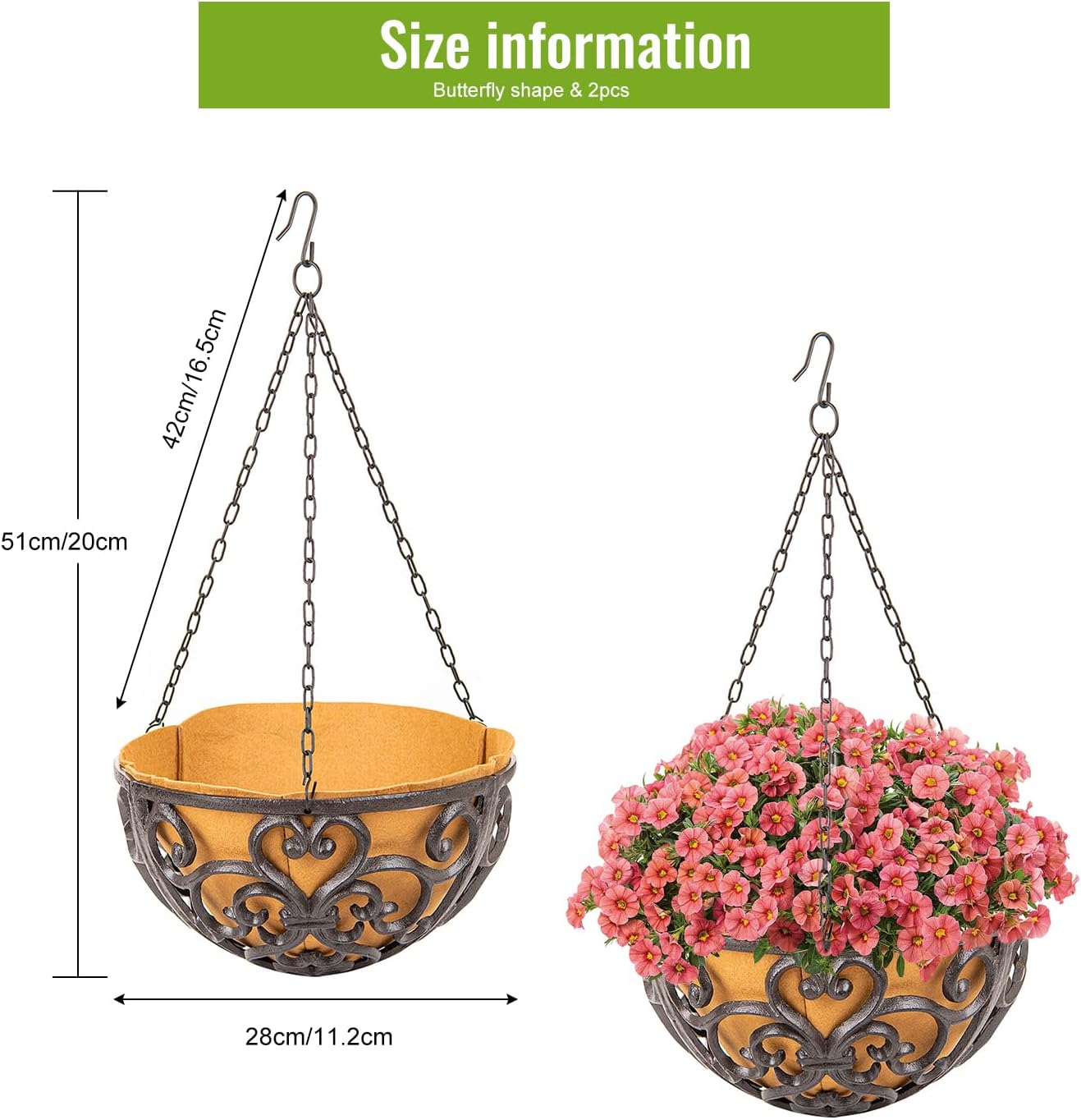 Sungmor 2PC 11" Dia. Large Cast Iron Hanging Baskets w/Fabric Liner, Rustic Brown Heavy-Duty Outdoor Hanging Planters Plant Pot Holders, Garden Yard Terrace Patio Porch Decorative Metal Flower Basket