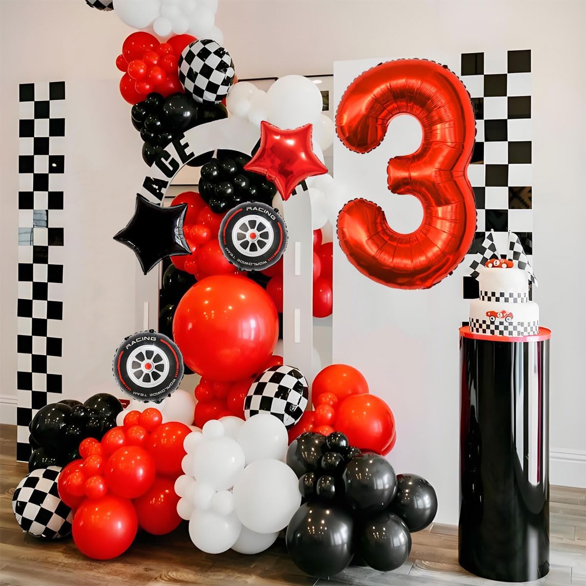 Race Car Birthday Party Decorations - 40 Inch Mylar Red Number 3 Balloons - Black Foil Checkered Race Car Balloons for 3st Birthday Race Cars Themed Party Decorations