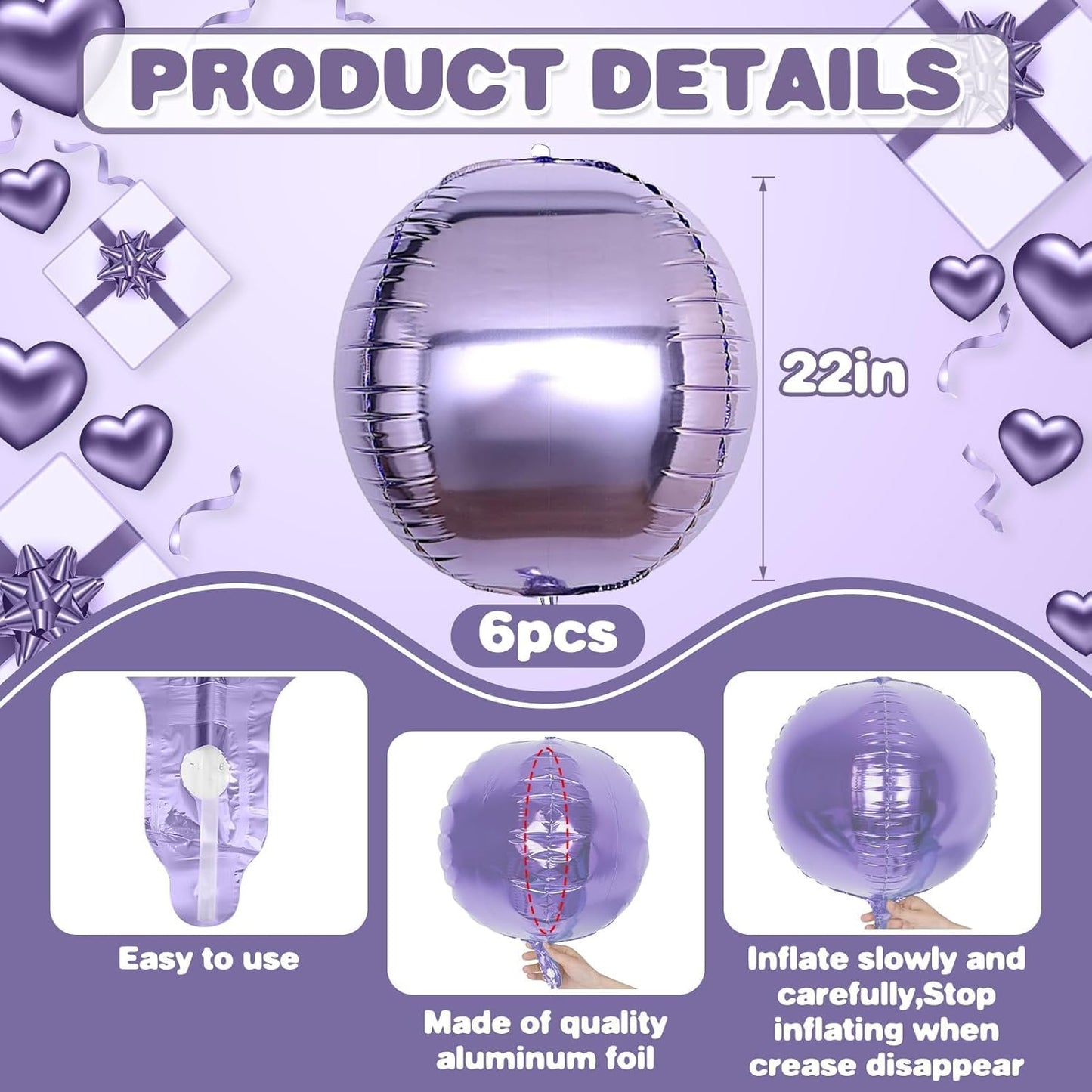 6Pcs Purple Round Foil Balloons,Giant 4D Round Ball Balloon,22 Inch Metallic Purple Balloons for Birthday Wedding Prom Party Decorations