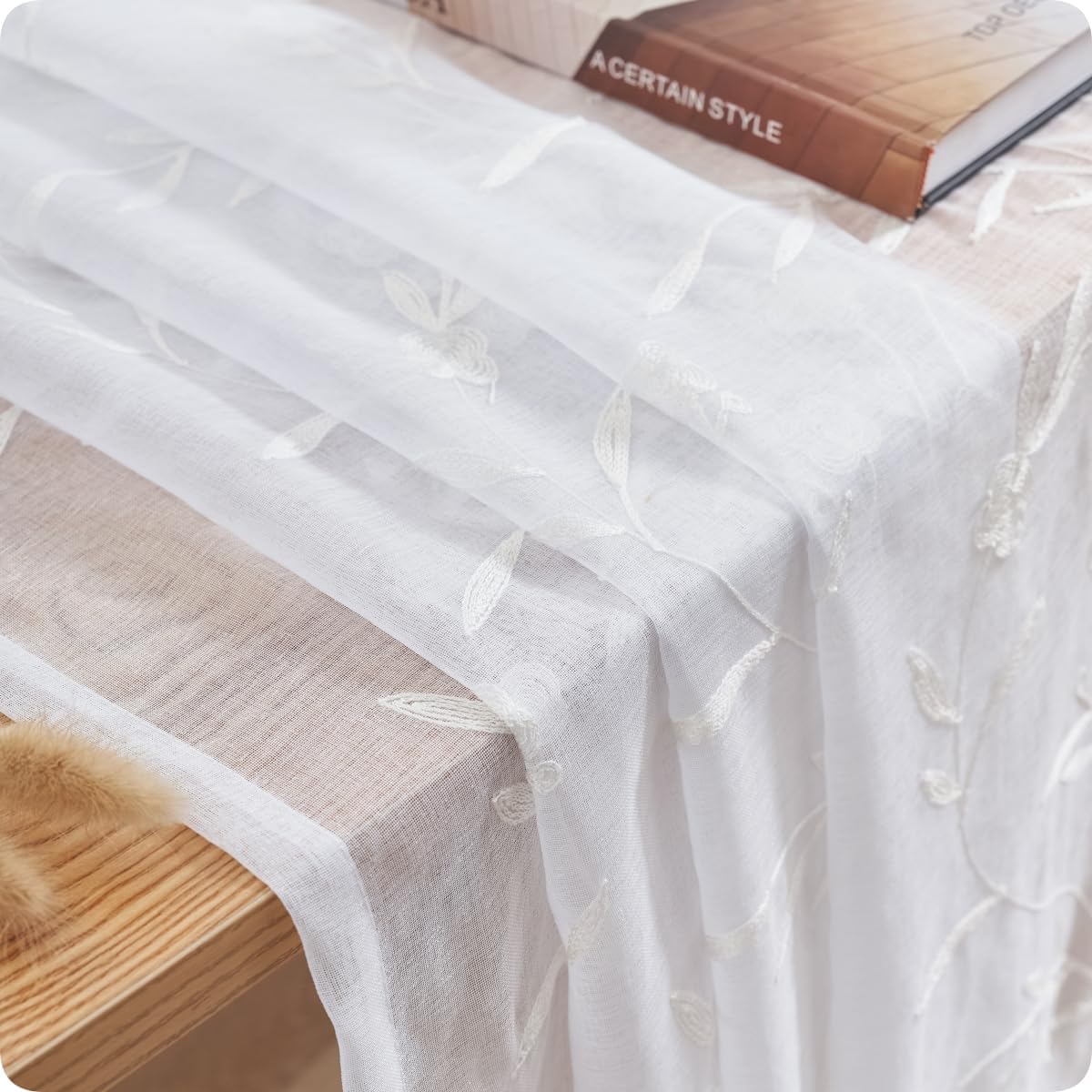 Embroidery Sheer Curtains White 95 Inches, Floral Pattern Window Treatments Rod Pocket Drapes for Living room, Bedroom, Semi Voile Curtain Panels for Yard, Patio, Villa, Parlor, Set of 2, 52"x 95".